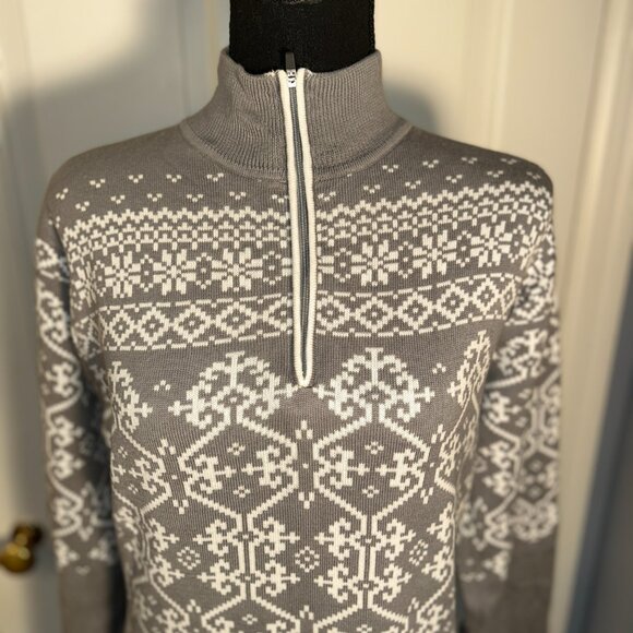 Obermeyer Grey & White,  Cotton Blend , 1/4 Zip Ladies Large Sweater - Picture 1 of 12
